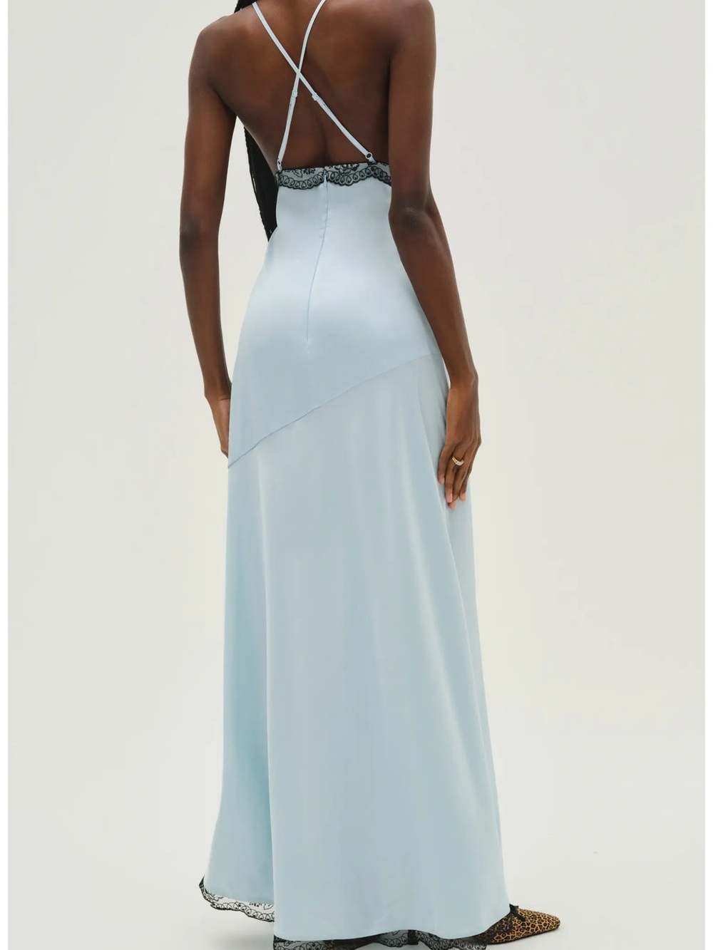 For Love And Lemons Light Blue Halter Maxi Dress with Black Lace Trim - Picture 4 of 4